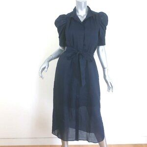 FRAME Gillian Ruched-Sleeve Midi Shirt Dress Navy Ramie Size Small
